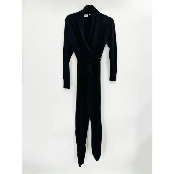 Sskein Black Wrap Neck Baby Alpaca Pima Cotton Shawl Collar Knit Jumpsuit Size S